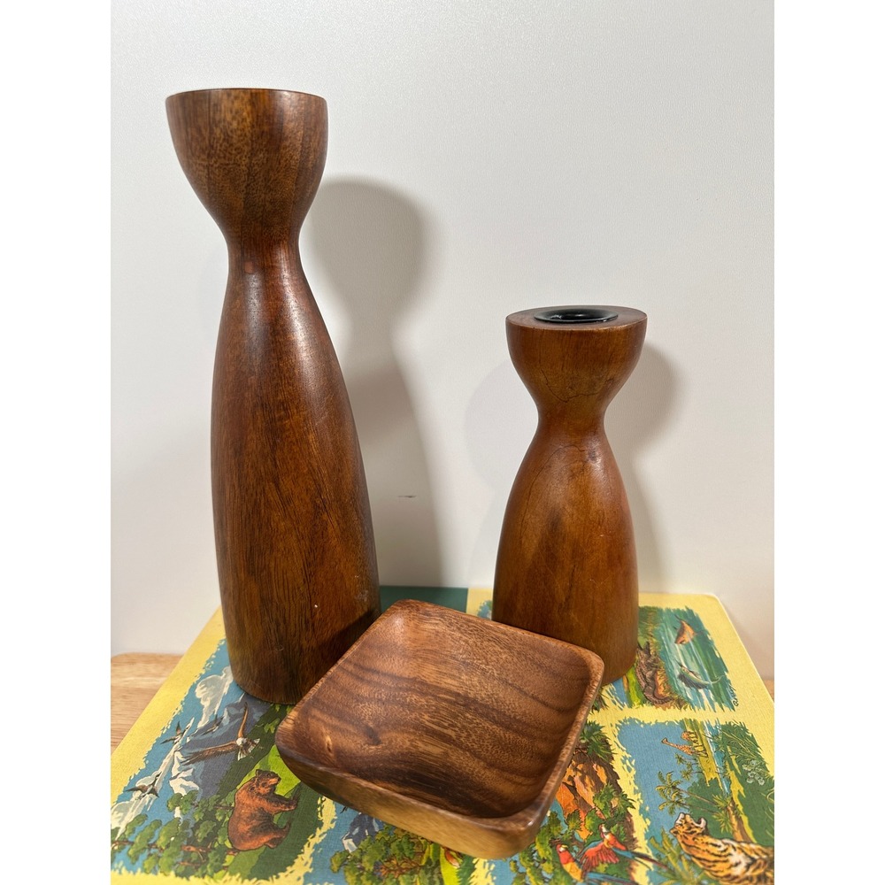 Walnut stained Wood Candle Holder Set MCM Style Boho with Ring Dish 3pc
